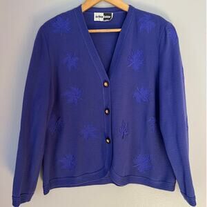 Vintage Arthur Kohler Blue Violet Embroidered Leaf Wool Blend Cardigan Sweater